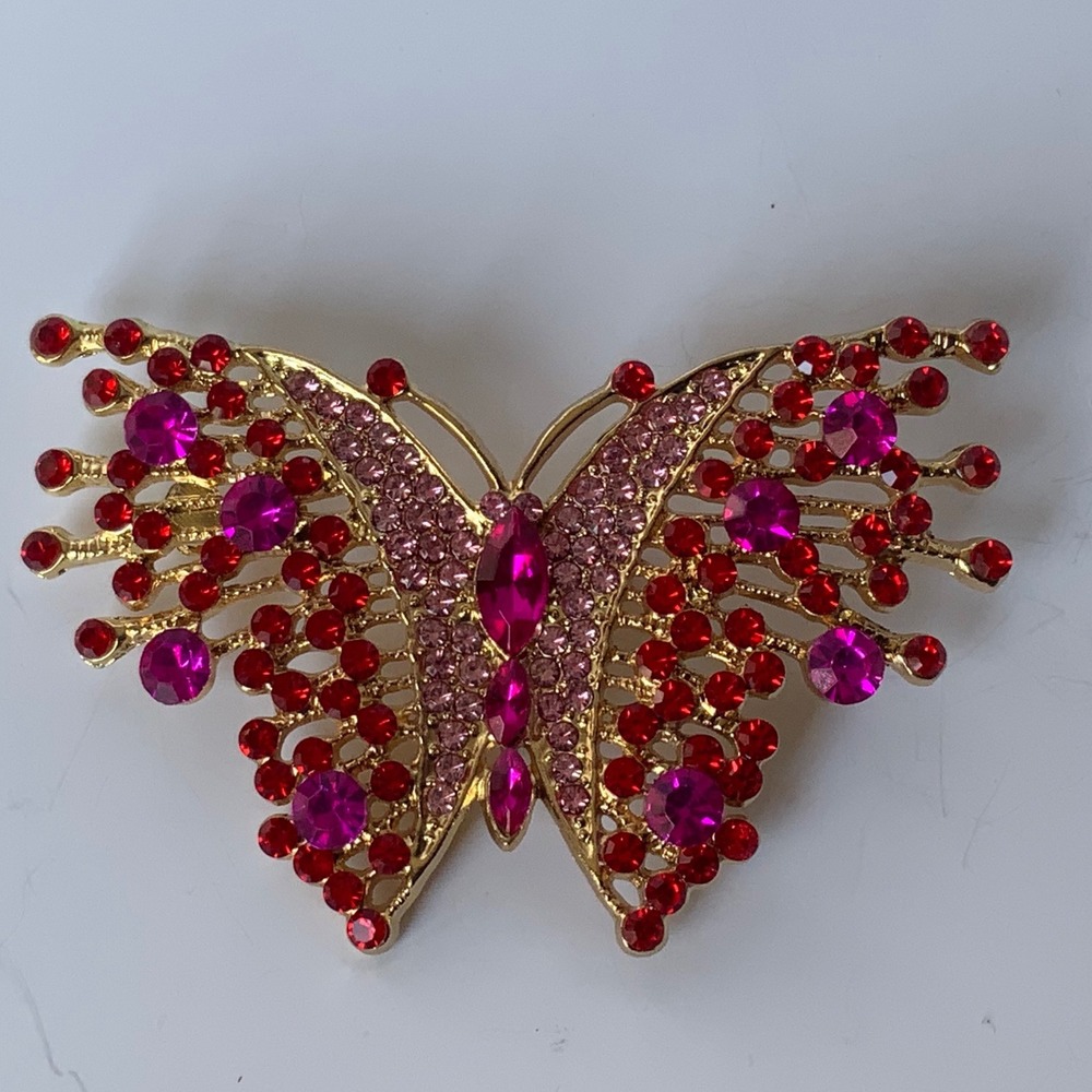 Large Sparkling Fuchsia & Red Crystal Butterfly Brooch Pin Gold Tone Gift Bag